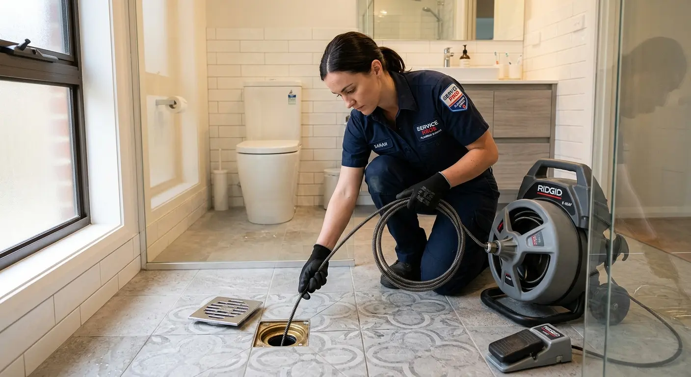 Technician clearing a bathroom floor drain for Sewer Line Installation in Fort Stockton